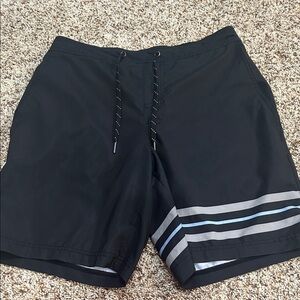 Fair Harbor Black Swim Shorts with Gray and Blue Stripes